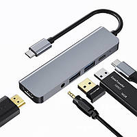USB Хаб 5 в 1 Type-C to USB3.0*2 + HDMI 4K + Jack 3.5mm + USB-C PD TRY PLUG сірий
