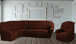 Натяжний чохол на кутовий диван і крісло жакардовий/Чехол на диван універсальний Туреччина Хвиля бежевий