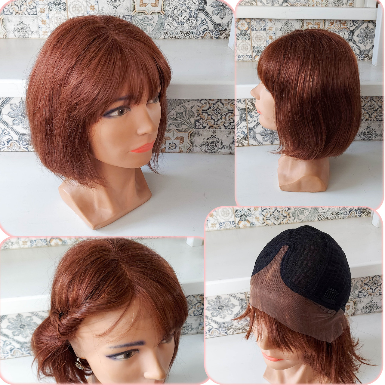Перука каре з натурального волосся з проділом каштаново-мідний TANIA 10"- 33, фото 1