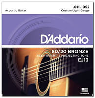 Струны для акустической гитары D`ADDARIO EJ13 80/20 BRONZE CUSTOM LIGHT 11-52