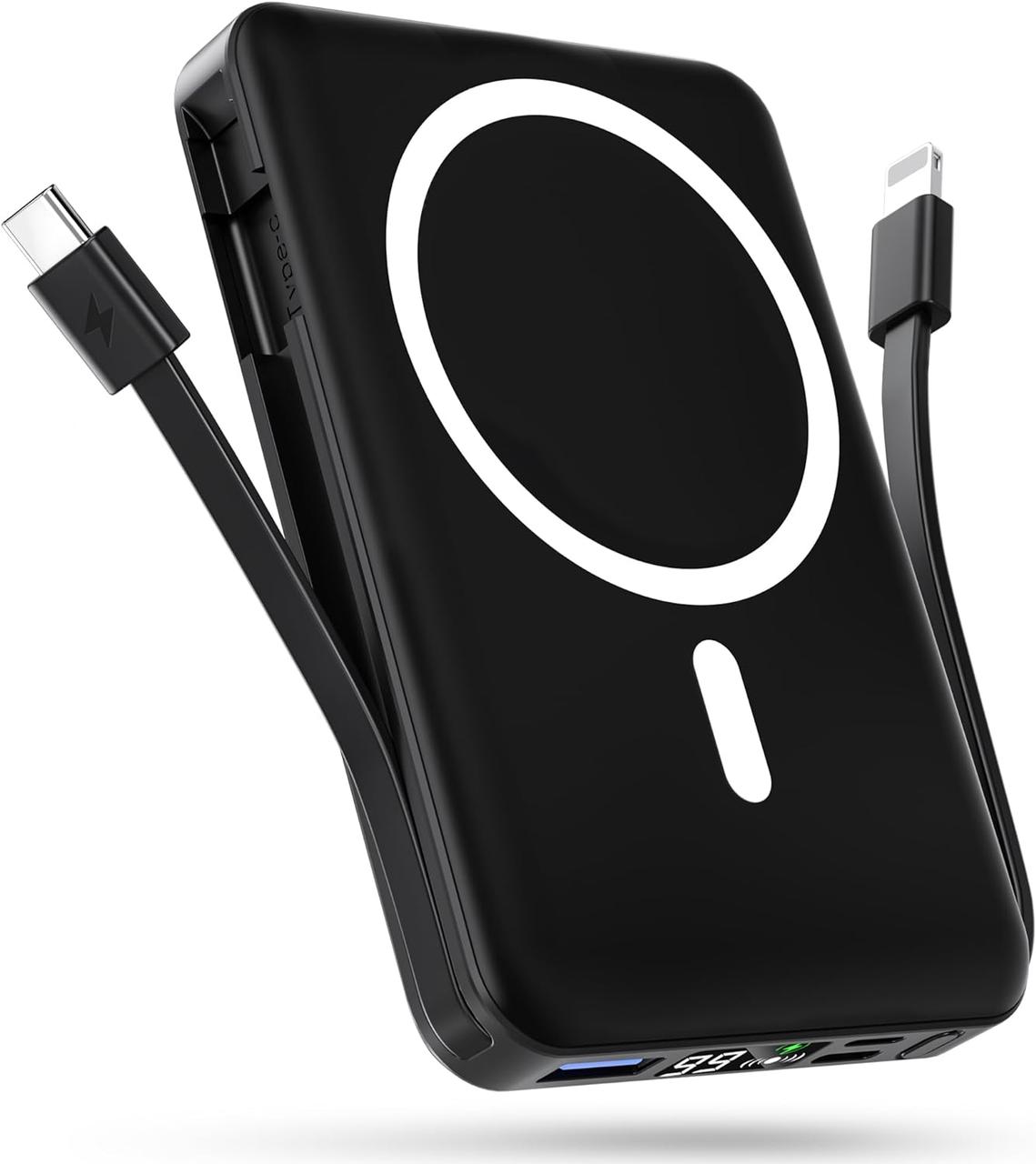 Бездротовий портативний зарядний пристрій podoru, 10000mAh Magnetic Power Bank Вбудовані USB C Освітлювальні кабелі 22,5 Вт PD