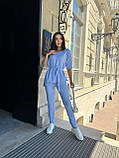 Стильний літній костюм жіночий брючний блакитний жіночий літній костюм із брюками легкий костюмчик на літо, фото 3