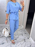 Стильний літній костюм жіночий брючний блакитний жіночий літній костюм із брюками легкий костюмчик на літо, фото 7