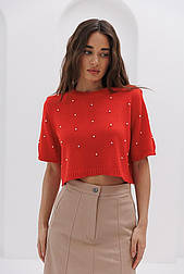 Жіноча укорочена в'язана футболка з намистинками