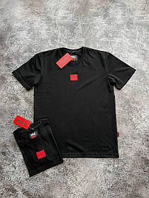 Літня чоловіча футболка HUGO Black Хьюго чорна футболка Туреччина червоне лого на грудях нашивка