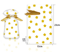 Пакет подарунковий з малюнком зірки золото зі стрічкою затяжкою поліетиленовий 23х12см поштучно