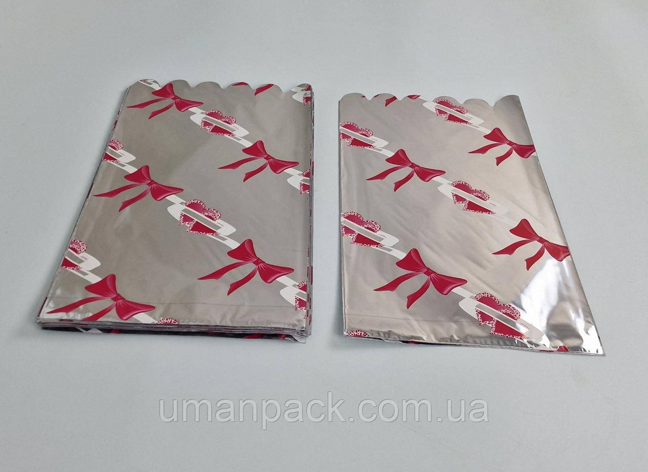 Пакет із малюнком для пакування подарунків (20*35) No421 (3) фольгований (ажурний) "Червоний Бант" (100 шт)