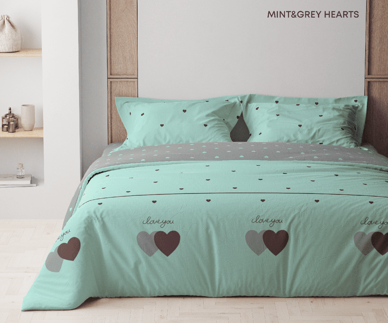Комплект постільної білизни ТЕП Happy Sleep Mint&Grey Hearts 50x70 полуторний, фото 1