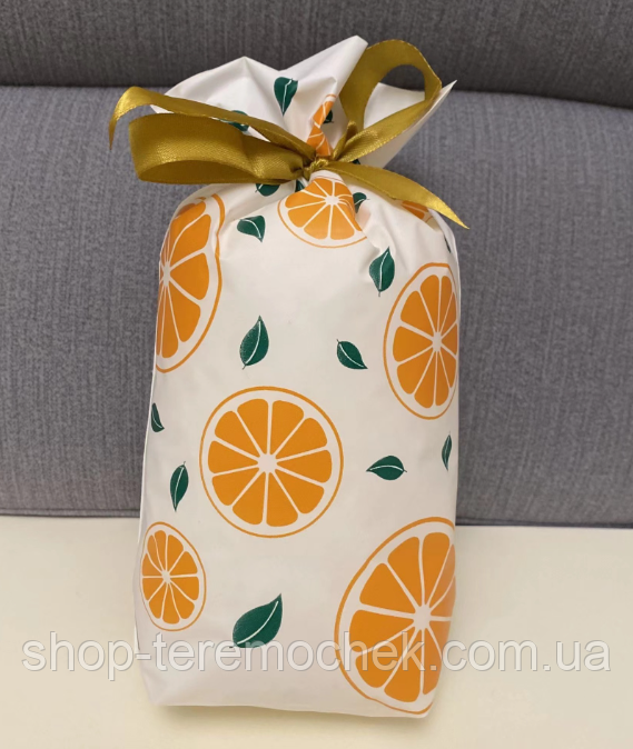Пакет подарунковий з малюнком Апельсин з атласною стрічкою затяжкою поліетиленовий 23х12см поштучно, фото 1