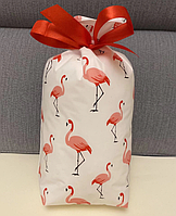 Пакет подарунковий з малюнком Фламинго з атласною стрічкою затяжкою поліетиленовий 23х12см поштучно