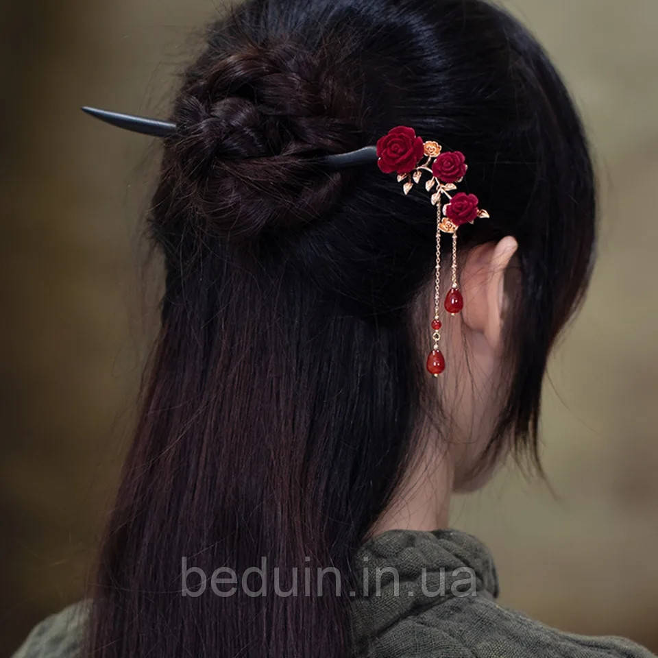 Японська дерев'яна паличка для волосся шпилька в пучок, зачіску "Велюрові троянди" Aushal Jewellery, фото 1