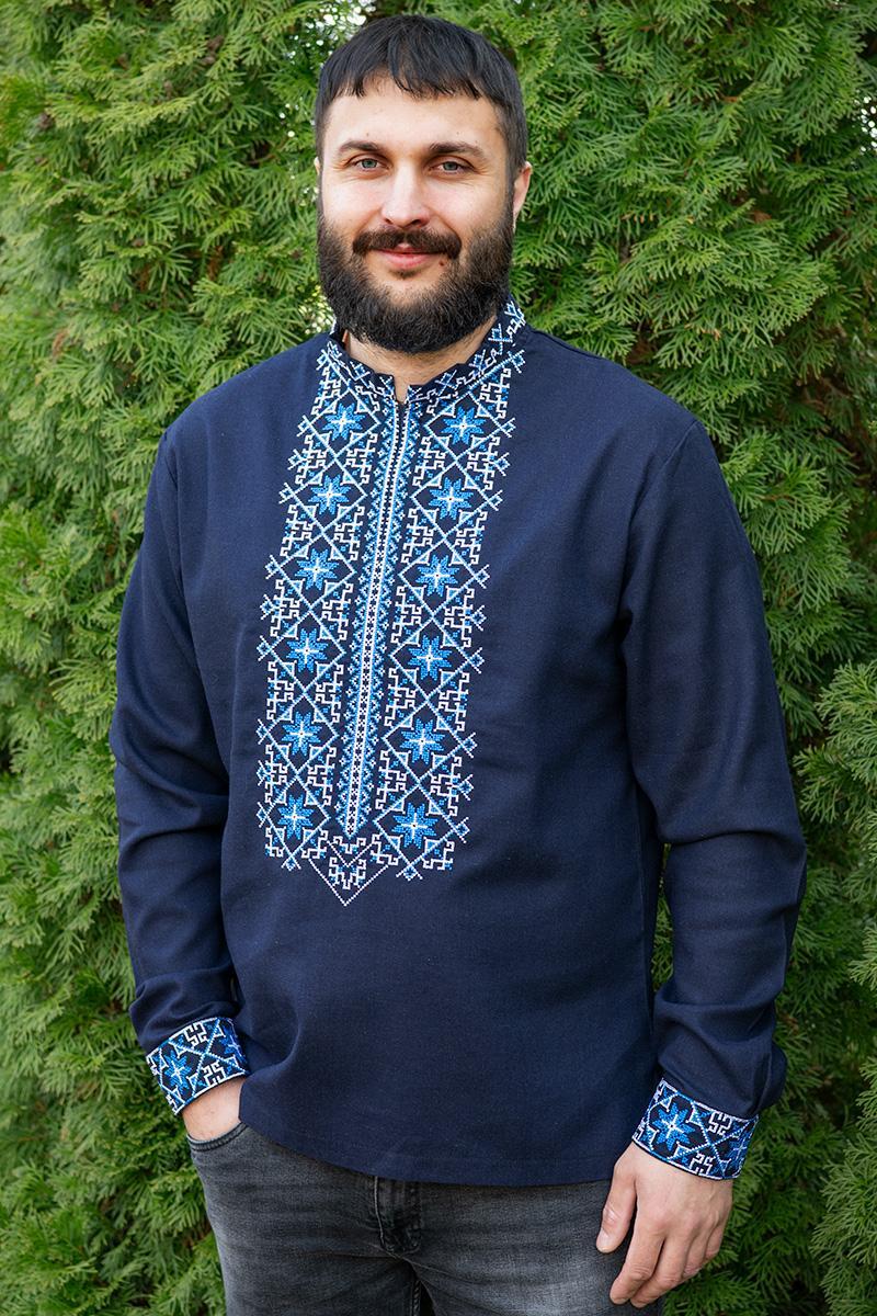 Темно-синя сорочка з блакитною вишивкою для чоловіка у сучасному стилі з візерунком зірок