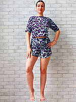 Женская пижама оптом домашний костюм, короткая футболка и шорты с разрезами сиреневый леопард р.44 48 52