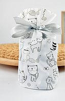 Пакет для подарунків і солодощів зі стрічкою затяжкою з малюнком Котики поліетиленовий пакувальний 23х12см поштучно