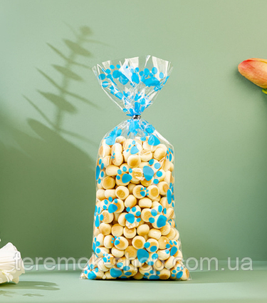 Пакети подарункові з малюнком великі блакитні лапки для солодощів прозорі з затискачами 2 шт 27х12.5 см