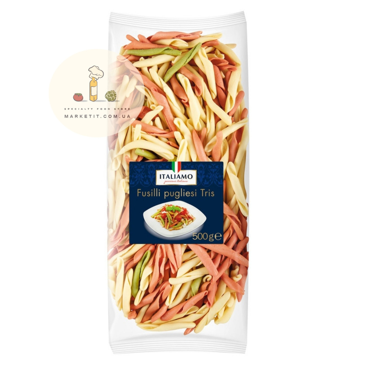 Макарони Italiamo Fusilli Puglisisi Tris, кольорові зі шпинатом і томатами, 500 г.