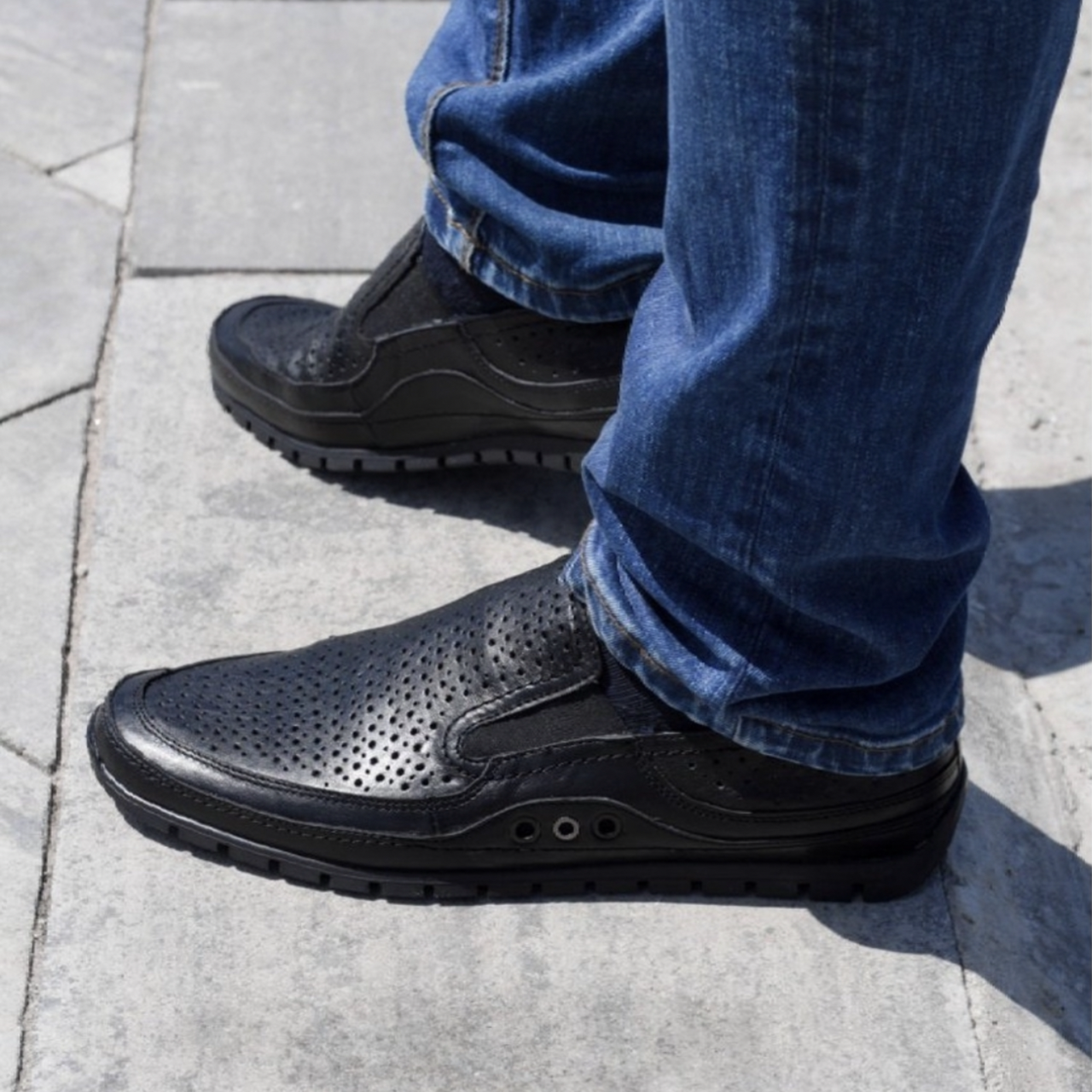 Літні чоловічі мокасини сліпони чорного кольору «Style Shoes»