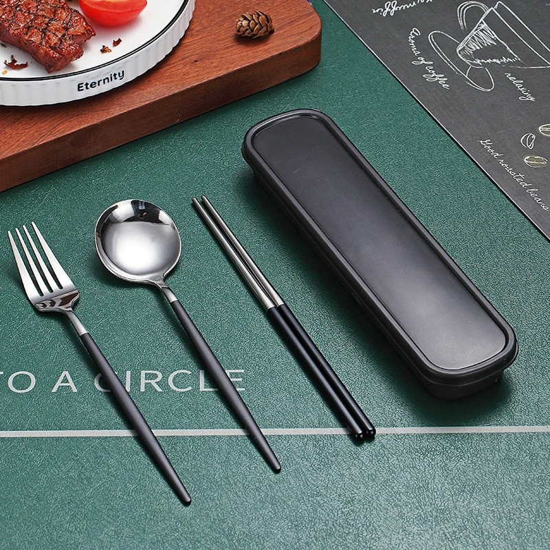Набір столових приладів у футлярі, ложка, виделка, палички, Flat срібло і чорний, фото 1