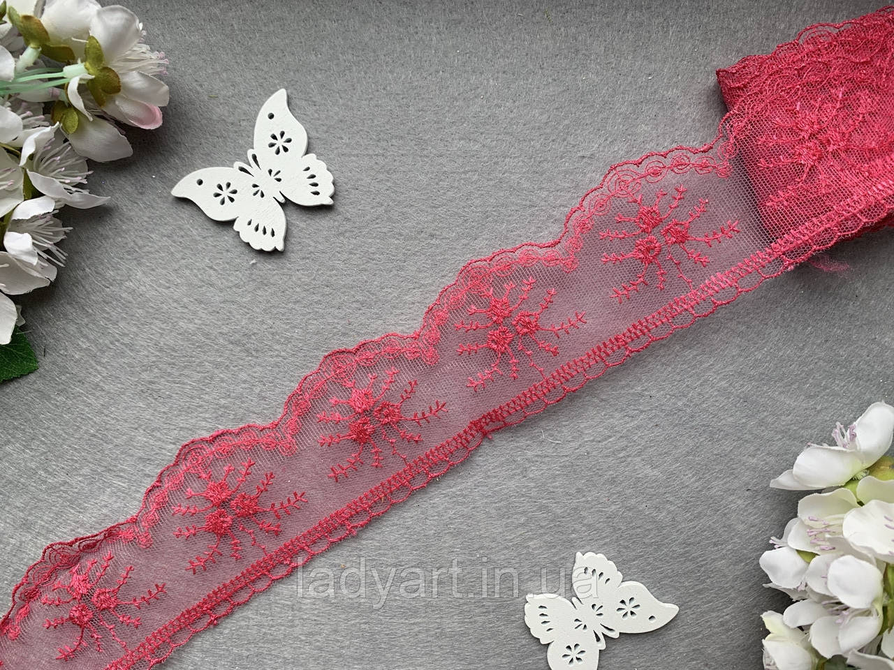 Мереживо Троянди на фатині, 6 см, приблизно 10 ярд/пач, яскраво-рожевого кольору, фото 1