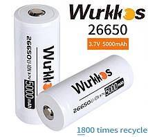 Акумулятор 26650 WURKKOS 5000mAh Li-Ion 3.7v, 100 циклів, Немає ефекту пам'яті, Реальна ємність, Оригінал, 1шт