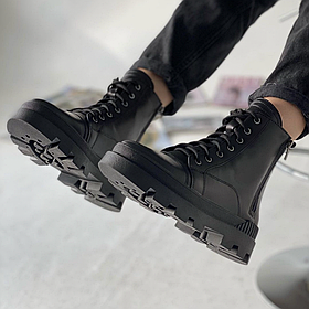Черевики жіночі зимові зі шкіри чорного кольору з 2-ма блискавками та на шнурках «Style Shoes»