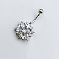 Пірсинг у пуп срібний з кубічним цирконієм "Сніжинка" 2,7 г