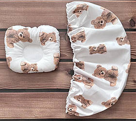 Комплект в дитячу коляску непромокаючий наматрацник розмір 40×80 см та ортопедична подушка BST Білий з бежевими ведмедиками