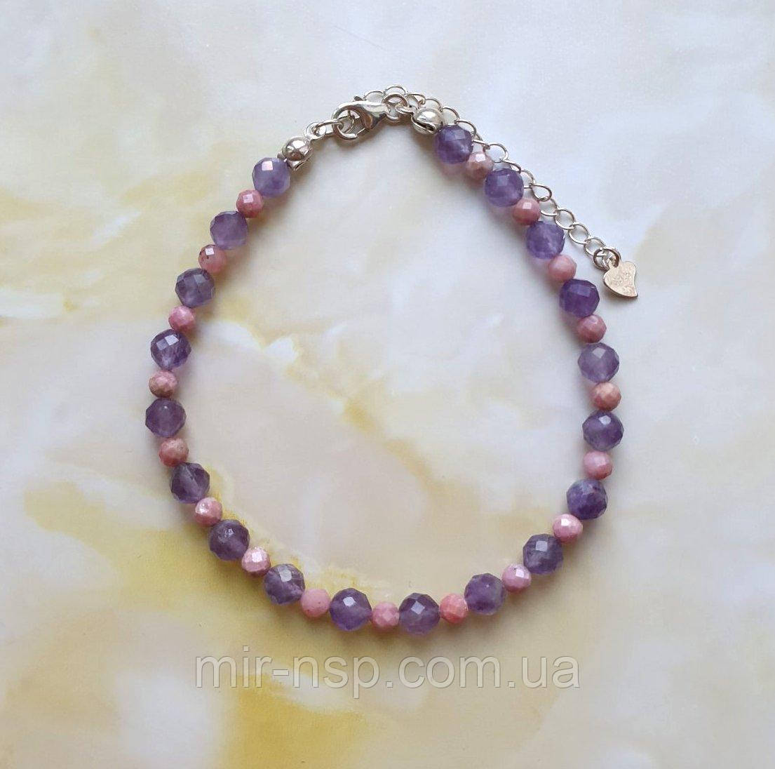 Браслет 100% натуральний аметист та опал замок срібло 925, фото 1