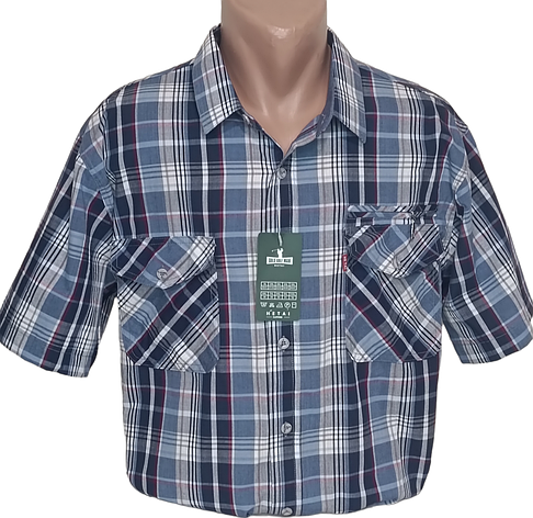 Теніска чоловіча великого розміру Hetai vk-322 класична синя в клітку бавовна, чоловіча сорочка 100% бавовна, фото 1