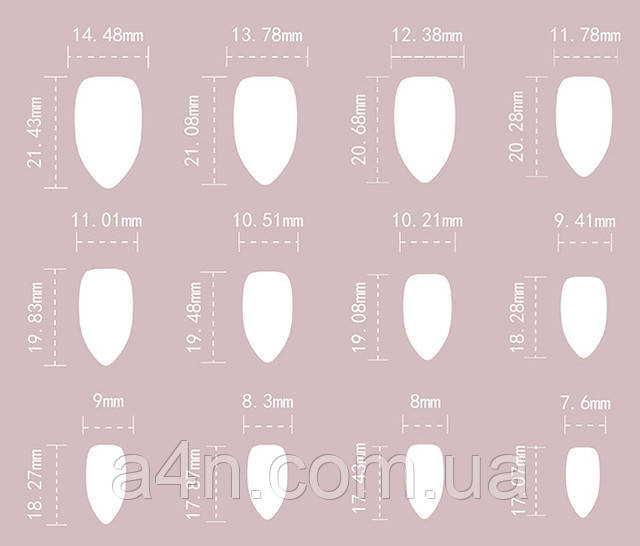 Накладні нігті - Інтернет-магазин A4N Розміри накладних нігтів
