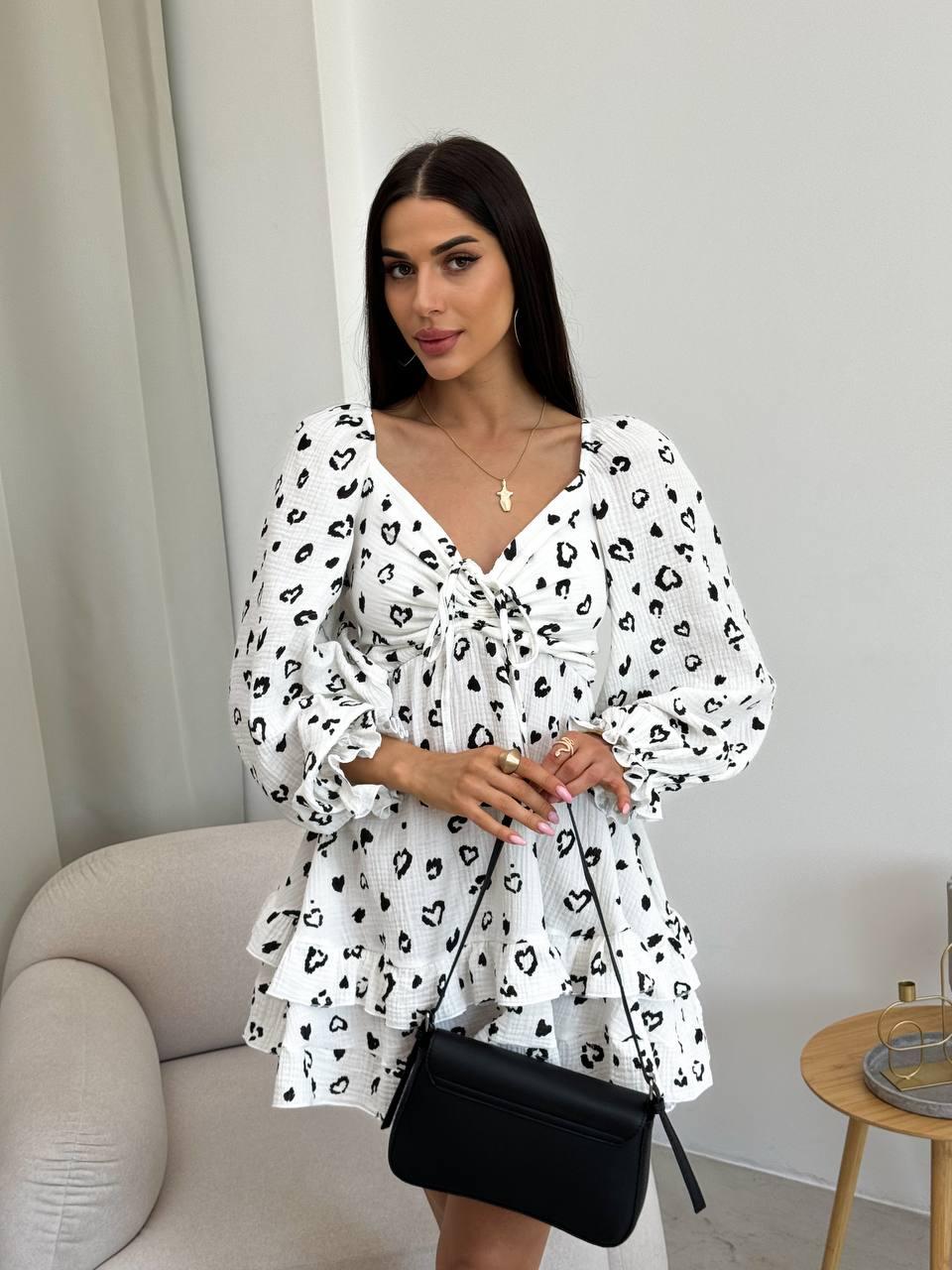 Базова ніжна жіноча літня бавовняна сукня з натуральної тканини муслін рукав ліхтарик із зав'язкою на грудях, фото 1