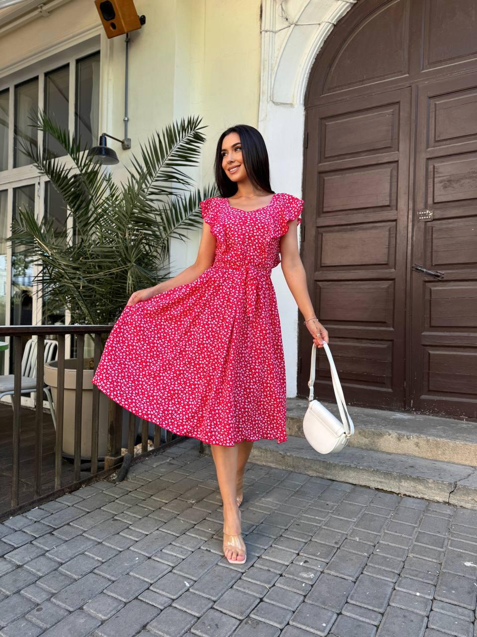 Стильна жіноча легка ошатна літня базова сукня міді квітковий принт софт рукав крильце з поясом OS, фото 1