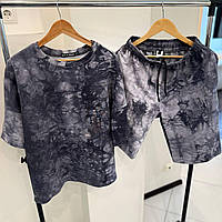 Літній чоловічий костюм футболка шорти з вареним ефектом комплект повсякденний оверсайз tay сірий