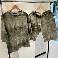 Костюм чоловічий літній з вареним ефектом шорти футболка оверсайз повсякденний комплект tay оливковий