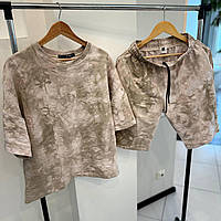 Чоловічий літній костюм шорти футболка оверсайз з вареним ефектом комплект повсякденний tay бежевий