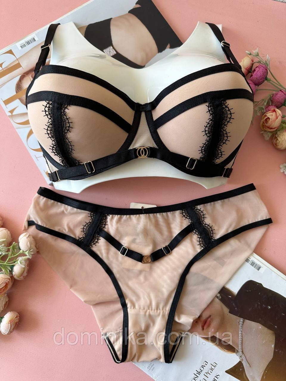75/80/85/90C Комплект жіночої нижньої білизни чорно-бежевий