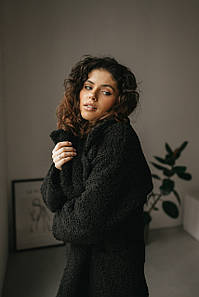 Еко шуба тедді жіноча довга зимова оверсайз з поясом чорна