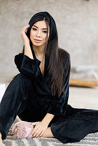 Стильний домашній плюшевий комплект вкорочений халат на пояс свобідного покрою брюки S-M