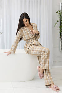 Домашній котоновий костюм в клітинку кофта на запах з поясом вільного крою штани S-M