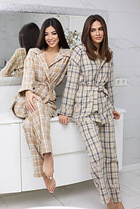 Домашній котоновий костюм в клітинку кофта на запах з поясом вільного крою штани S-M