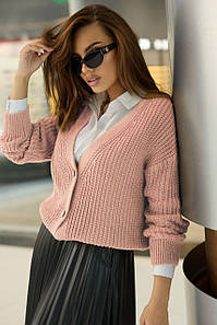 Кардиган жіночий теплий в'язаний короткий на гудзиках UN рожевий