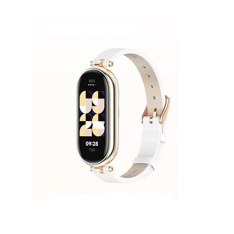 Шкіряний ремінець для фітнес браслета Xiaomi Mi Band 8,9,10 Type A білий, тримач - золотистий, фото 1