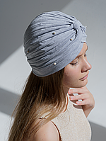 Чалма жіноча літня із трикотажу з перлинами D.Hats сірого кольору