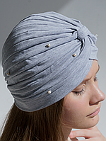 Чалма жіноча літня зі стрейч бавовни з натуральними перлинами D.Hats Сірий