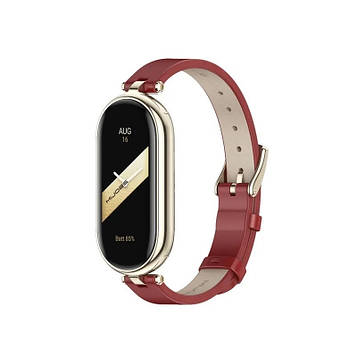 Шкіряний ремінець для фітнес браслета Xiaomi Mi Band 5 и 6 Type A червоний, тримач - золотистий