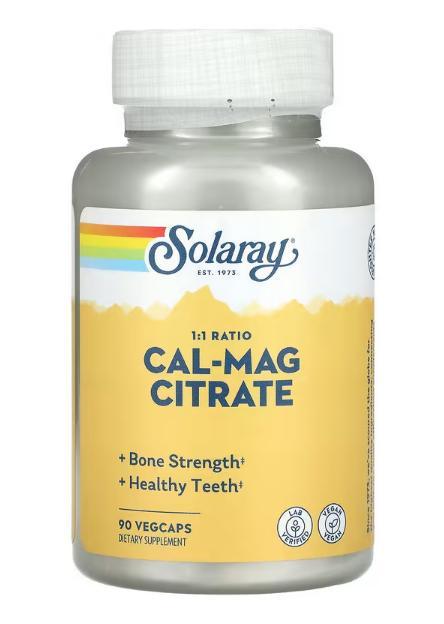 Мінеральний комплекс Solaray® Cal-Mag Citrate 1:1 Ratio 90 VegCaps, фото 1