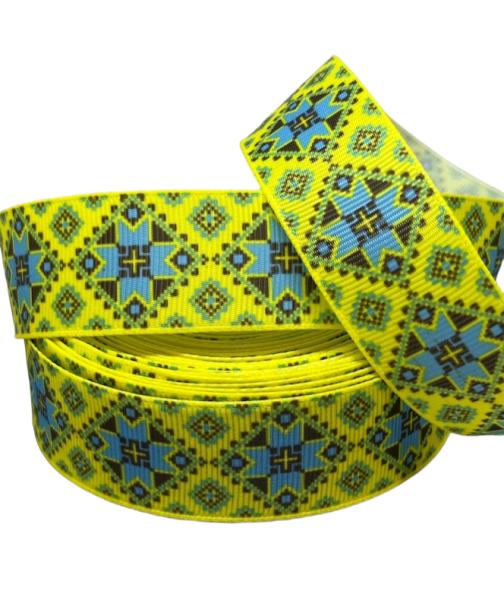 Репсова стрічка 2.5 см- Зірка на жовтому, метр, Різнокольоровий, фото 1