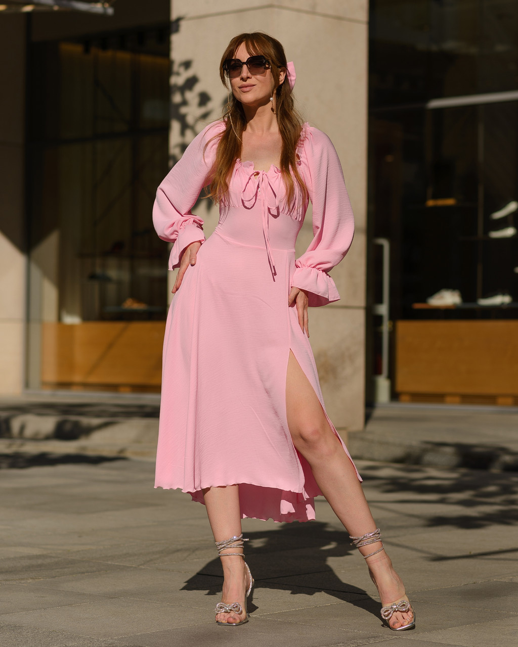 Жіноча сукня міді з креп-жатки Світло-рожевий, фото 1