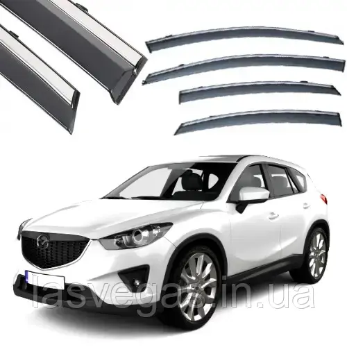 Дефлектори вікон с хром молдингом (вітровики) Mazda CX5 2012- (нержавейка 3D)