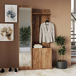 Вузький маленький передпокій 1 метр з шафою дзеркалом і тумбою для взуття, передпокій у вузький коридор дуб крафт золотий Малібу